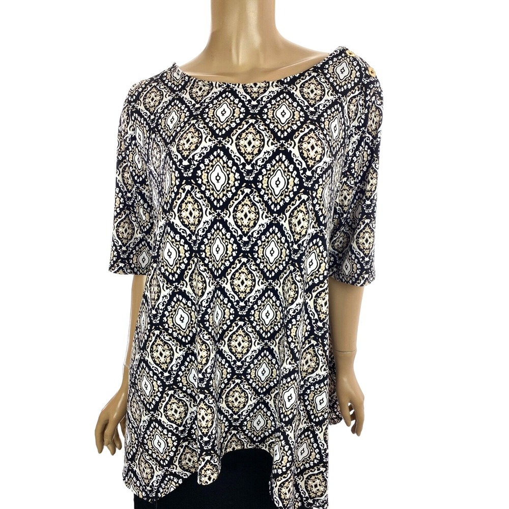 Dana Buchman XL Tunic Top Pullover Loose Fit Short Sleeve Black White Tan